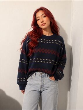 Navy Geometric Knit Crewneck Sweater Size Medium